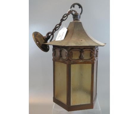 Metal hanging lantern design ceiling light with frosted panels. (B.P. 21% + VAT) Very grubby - one pane is cracked. Lightweig