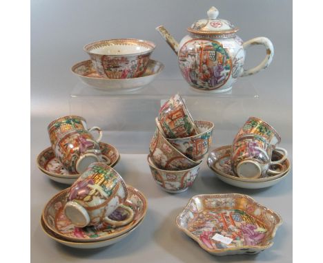 Late 18th Century Chinese export porcelain Mandarin pallet part teaset, comprising; five cups, six saucers, four tea bowls, b