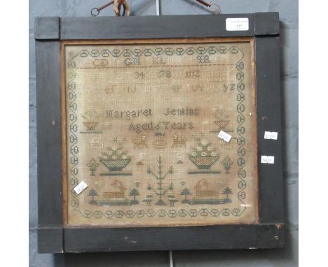 Mid 19th Century child's sampler by Margaret Jenkins aged 6 years, dated 1846. 31 x 32cm approx. Framed and glazed. (B.P. 21%