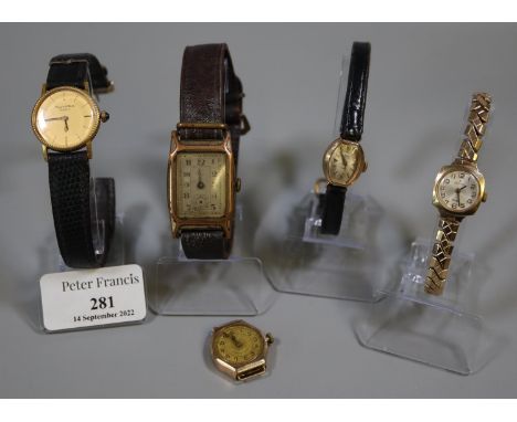 Collection of ladies wristwatches; three gold, another marked Mappin & Webb quartz (possibly gold). Together with a vintage r