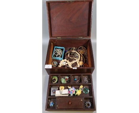 19th Century jewellery box revealing assorted costume and silver jewellery to include; a silver and enamel Art Nouveau design