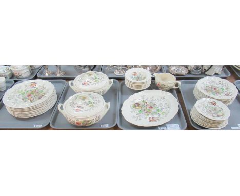 Four trays of Royal Doulton 'Hampshire' dinnerware to include; pair of lidded tureens, dinner plates, breakfast bowls, oval m