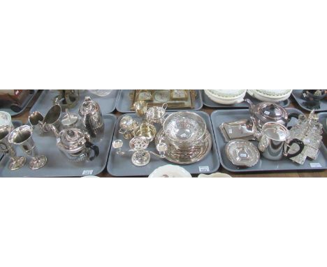 Three trays of silver plate to include; pair of trumpet vases, Georgian style teaset, butter dish and cover, cruet set etc. T