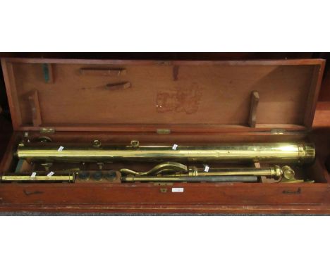 19th century lacquered brass telescope by J H Steward of Strand London, having secondary sighting scope on an adjustable trip