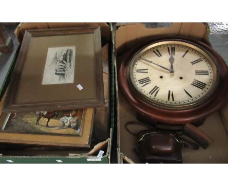 Box of assorted framed prints, portraits etc. Together with a 19th Century two train wall clock and a vintage camera. (2)(B.P