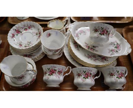 Tray of Royal Albert English bone china 'Lavender Rose' design teaware to include: teacups, milk jugs, sucrier, various plate