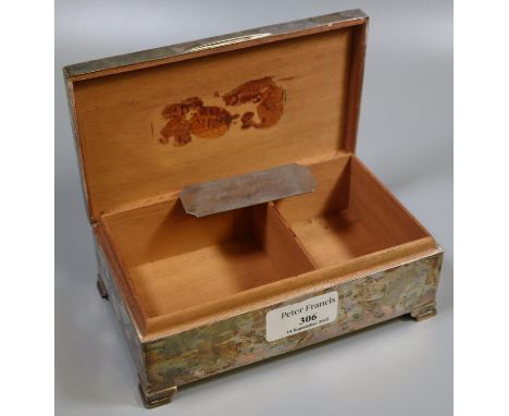 Silver rectangular shaped engine turned cigarette box with wooden lining and plastic base. 15.5 troy ozs approx overall. (B.P