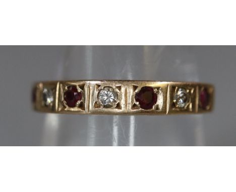 9ct gold diamond and ruby half hoop eternity ring. 2.1g approx, size N + 1/2.(B.P. 21% + VAT) 