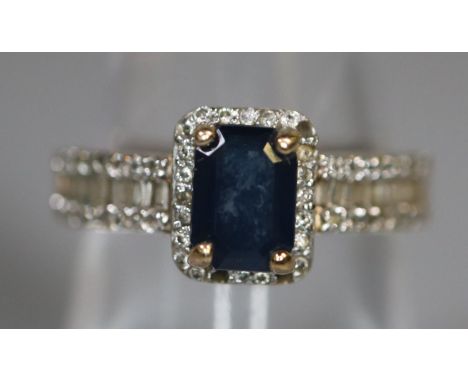 Art Deco design 9ct gold sapphire and diamond engagement ring. 2.6g approx, size N. Boxed.(B.P. 21% + VAT) 