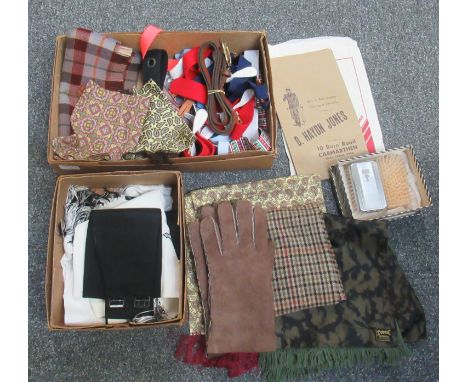 Two vintage cardboard boxes (one marked Dunlop) containing various men's fashion accessories to include; D. Haydn Jones bags,