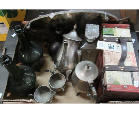Box of items to include; two green glass vintage bottles marked T. Benedictine, silver plated teaset, moulded glass decanter 