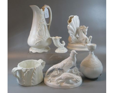 Collection of ceramics to include; Victorian Parianware relief moulded figural jug, Royal Worcester tusk shaped jug, Belleek 