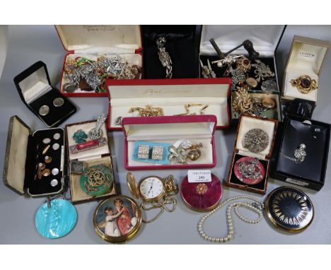 Box of assorted costume jewellery and other items to include; vintage and other brooches, lockets and pendants, gold finish n