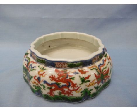 A Chinese Wucal enamel petal shaped bowl, with phoenix and lotus decoration, 6cms high, 19 cms d, approx.
