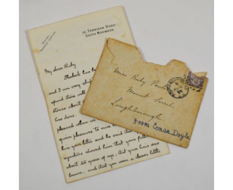 Doyle, Arthur Conan. A fine autographed letter signed to Ruby Paulson, responding to her query regarding his famous detective