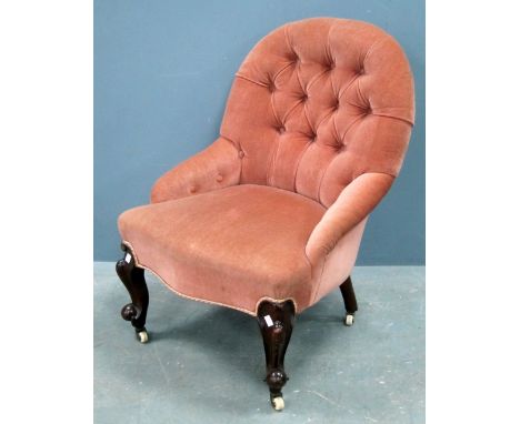 19th century mahogany framed button back pink upholstered nursing chair 