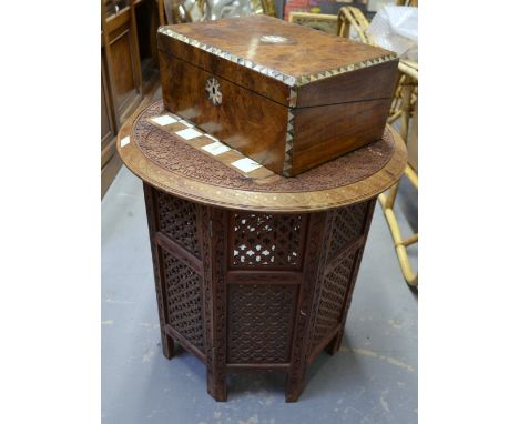 Walnut writing box and Indonesian hardwood chess table Age crack to right hand side of box lid, 3 inch veneer missing on left