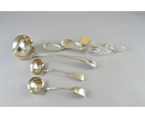 Silver plated old English soup ladle with crest, two other ladles and pair of salad servers 