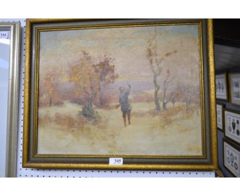 James Elliottt watercolour of a stream scene, 'K E B' monogram of a moored boat, a water colour of an old school, oil on canv