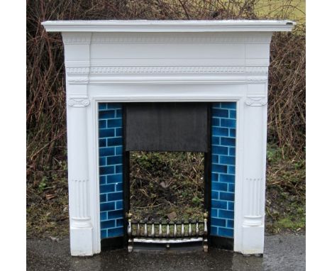 19th century cast iron and painted fireplace with blue ceramic tiles 