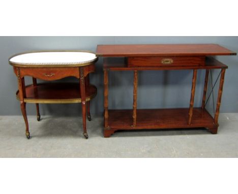 Two-tiered French style trolley and a mahogany shelf unit with bamboo carved supports 