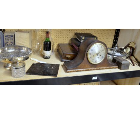 Oak cased mantle clock, collection of silver plated cutlery and other items 