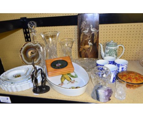 A mixed lot including a rosewood plaque with bone inlay, Worcester oven dishes , cut glass and other items 