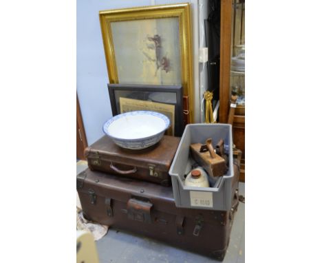A leather travelling trunk and other items 