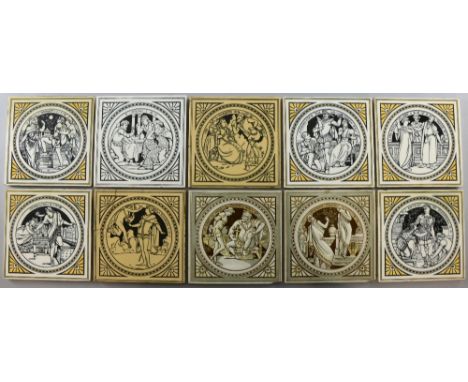 Minton tiles, scenes from Shakespeare designed by John Moyr Smith A set of five black print on white with buff and five other