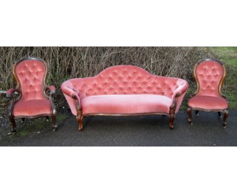 Victorian mahogany and button back three piece suite Upholstery in very good order, framed with minor surface scratches, stor