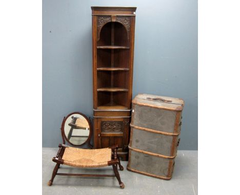 Oak corner cupboard, mahogany framed swing mirror, canvas trunk and a rattan topped stool 