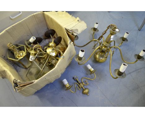 Brass six branch light fitting, lantern light fittings, etc. 