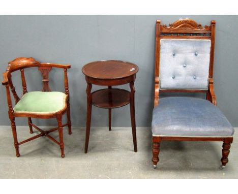 Walnut framed blue upholstered button back nursing chair, mahogany two tiered occasional table and a mahogany framed corner c