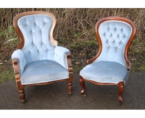 Victorian mahogany and upholstered button back his and hers nursing chairs 