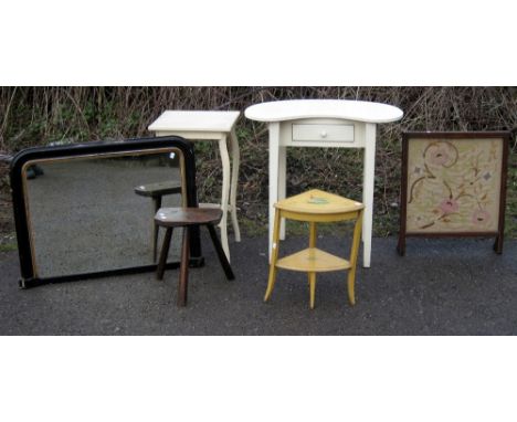 White kidney shaped table, similar two tiered occasional table, oak framed firescreen with panel, milking stool, black painte