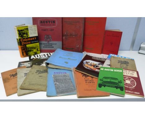 Quantity of books, car and operation manuals for the Austin Handbook of The Austin Seven publication 715B, 22nd ed., and anot