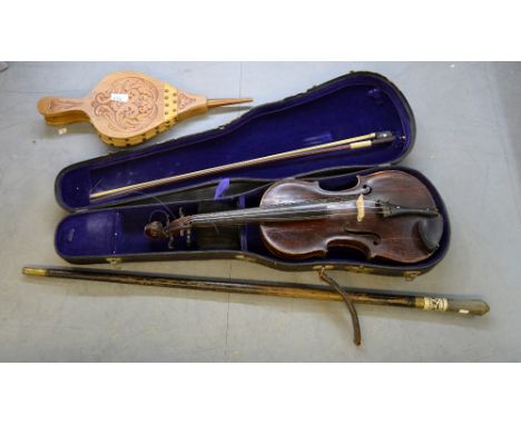 Violin, swordstick and pair of bellows Loss of colour to top of right hand side, the size of two ten penny pieces,  The botto