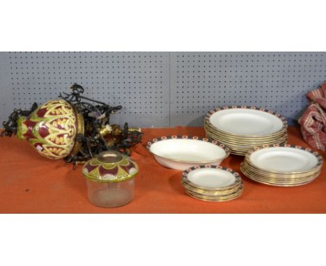 Ceramic and metal light fitting and Royal Crown Derby part dinner service in the 'Ambassador pattern' 