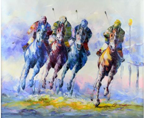 Oil of racehorses, other pictures and a Louis Wain signed illustration 