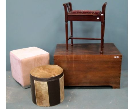 Mahogany blanket trunk, piano stool and two animal skin and upholstered footstools 