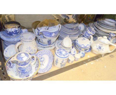 Large quantity of blue and white and flow blue china, etc. Candlestick is in the pearl pattern, slight crazing to top of cand