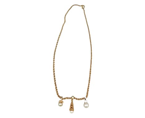 Halskette mit Perlanhängern 14 K Gelbgold, mit 3 kleinen Perlen, L Kette ca. 40 cm, deutsch, um 1950, Gewicht ca. 12 g