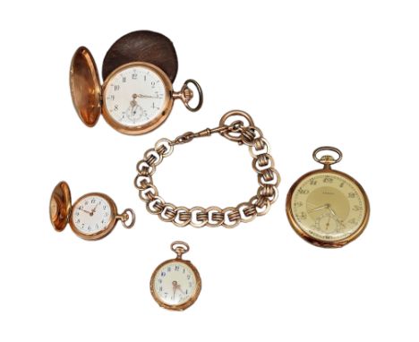 Konvolut von vier Taschenuhren und Uhrenkette Konvolut von 4 Damen- und Herrenuhren, 14 K Gelbgold, gangbar sowie 1 Uhrenkett