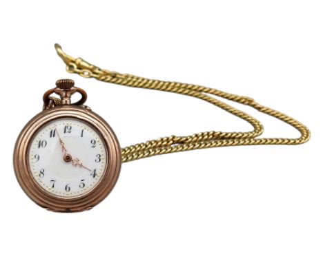 Damen Umhängeuhr 8 K Gelbgold, um 1880, mit Uhrenkette18 kt GG, gangbar, Gewicht zus. ca. 32 g