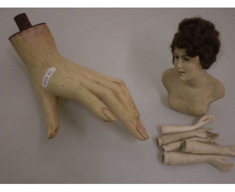 VINTAGE MANNEQUIN HAND AND VINTAGE DOLL PARTS, BODY AND 5 ARMS 