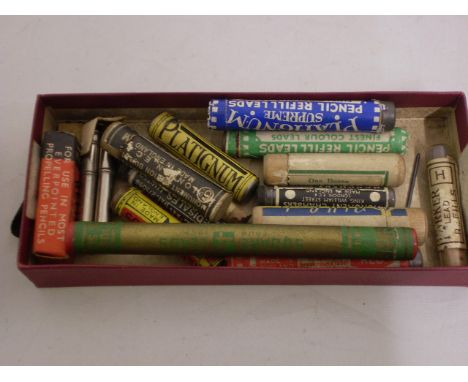 VINTAGE BOX PLUS CONTENTS OF OLD PENCIL REFILL CASES 