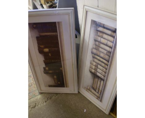 PAIR OF PRINTS OF OLD BOOKS ON A SHELF IN WHITE FRAMES ( 100 X 48 CM) 