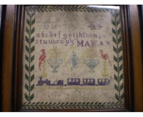 OLD FRAMED SAMPLER WITH TRAIN DECORATION