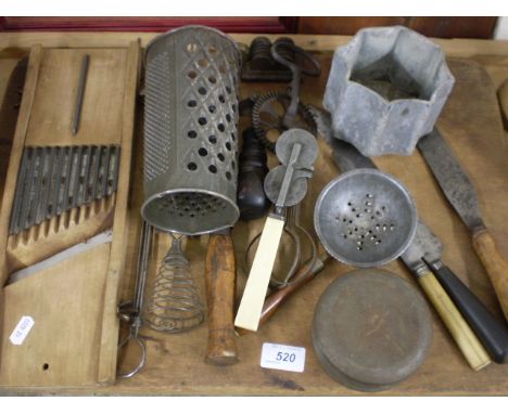 COLLECTION  OF VINTAGE KITCHEN UTENSILS INC. MANDOLINE,CLEAVER, SHARPENER ETC