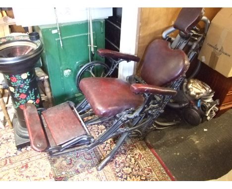 VINTAGE CAST IRON DENTISTS CHAIR , CAST IRON FOOT OPERATED DRILL &amp; STEEL MOUTHWASH BASIN